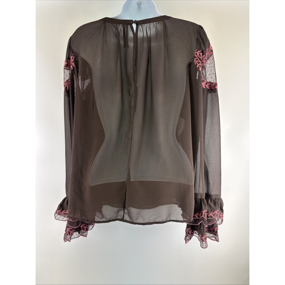 Anthropologie Long Sleeve Applique Blouse Brown Pink Embroidered Ruffle Chiffon - Picture 6 of 12